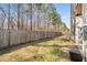 A grassy backyard with a wood fence line and mature trees at 685 Stickley Oak Way, Woodstock, GA 30189