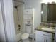Bathroom featuring white cabinets, granite countertops and tile flooring at 4678 Browns Mill Ferry Rd, Lithonia, GA 30038
