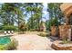 Backyard featuring pool, outdoor fireplace and stone patio at 8480 St Marlo Fairway, Duluth, GA 30097