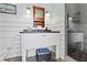 Charming bathroom features shiplap walls, a stylish vanity, and a glass-enclosed shower at 1518 Cambridge Ave, Atlanta, GA 30337