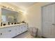 Bathroom with double sinks, a large mirror, and good lighting above a white cabinet at 1710 Meadowchase Ct, Snellville, GA 30078