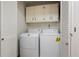 Conveniently located laundry room with white cabinets and a stacked washer and dryer at 110 Great Oaks Ln, Roswell, GA 30075