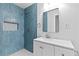 Bathroom with blue tile shower, modern white vanity, and brushed nickel fixtures at 1889 Cannon St, Decatur, GA 30032