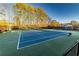 A fenced in tennis court facility with multiple blue and green courts in a wooded community setting on a sunny day at 2075 Crabapple Parc Way, Roswell, GA 30076