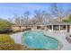 Backyard oasis with pool, landscaped garden, brick house, screened in porch and outdoor furniture at 4755 Huntley Dr, Atlanta, GA 30342