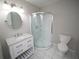 Bathroom with tiled floor, modern shower, and white vanity with a granite countertop at 2084 North Rd, Snellville, GA 30078