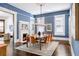 A dining room featuring a modern chandelier, a large table, and blue walls at 513 Saint Charles Ne Ave, Atlanta, GA 30308