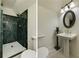 Dual image of a modern bathroom with an updated shower, vanity, toilet, and fixtures at 2190 Spalding Dr, Sandy Springs, GA 30350