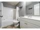 Bright bathroom includes shower, tub, toilet, and single sink vanity at 5987 Westchase St, Atlanta, GA 30336