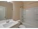 Cozy bathroom featuring a shower-tub combo, single sink, and white vanity at 6650 Canyon Cv, Cumming, GA 30028