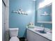 Light blue bathroom with updated vanity, mirror, and unique wall decor at 3959 Emerald Springs Ct, Decatur, GA 30035