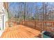 Spacious wood deck with railings overlooking a wooded backyard, perfect for outdoor entertaining and enjoying nature at 920 Pine Grove Pointe Dr, Roswell, GA 30075