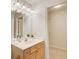 Bright bathroom featuring a light wood vanity, neutral countertops, a large mirror, and a walk-in closet at 18 Peppertree Ct, Marietta, GA 30068