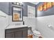 Stylish half bathroom with modern fixtures, a gray vanity, and decorative art at 510 Pinchot Way, Woodstock, GA 30188