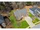 Overhead view of a brick home with a green lawn, grey roof, and two car garage at 2688 Stockbridge Way, Dacula, GA 30019