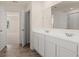 Bathroom featuring double sink vanity with white cabinets and a tiled floor at 1069 Blue Juniper Cir, Loganville, GA 30052