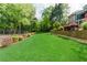 Lush, green backyard featuring manicured bushes, a fence and tiered landscaping at 8760 Colonial Pl, Duluth, GA 30097