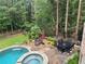 Gorgeous pool area with ample seating, lush landscaping, and a picturesque backyard setting, perfect for relaxation and outdoor entertaining at 8760 Colonial Pl, Duluth, GA 30097