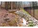 Picturesque yard featuring a running stream with rock features and fenced perimeter at 8760 Colonial Pl, Duluth, GA 30097