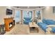 Living room featuring carpet flooring, blue sofas, fireplace and large windows at 1811 Mcconnell Rd, Grayson, GA 30017