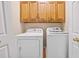 Efficient laundry room with cabinetry above washer and dryer units at 217 Colonial Dr, Woodstock, GA 30189