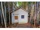 Close-up of the outbuilding surrounded by bamboo; it features a boarded up window and rustic siding at 17 Peachtree Ne Ave, Atlanta, GA 30305