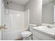 Bright bathroom featuring a shower-tub combo, white vanity and neutral wall paint at 221 Makayla Way, Temple, GA 30179
