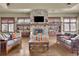 Inviting living room boasts a stone fireplace, custom built-ins, and hardwood floors at 3060 Salisbury Ln, Cumming, GA 30041