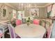 Elegant dining area with a white chandelier, pink chairs, and vintage furnishings creating a charming atmosphere at 1993 Mount Vernon Pl, Dunwoody, GA 30338