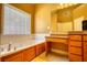 Bathroom features a soaking tub, glass block window, vanity area, and wood cabinets at 75 Horseshoe Dr, Covington, GA 30014