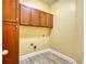 Laundry room featuring wood cabinets and laminate flooring at 75 Horseshoe Dr, Covington, GA 30014
