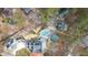 Aerial view of the property, showcasing the pool, home, and surrounding buildings at 300 Mill Creek Ct, Acworth, GA 30101