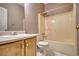 Cozy bathroom featuring a vanity, toilet, shower and tub combo at 424 Cannonball Ct, Stockbridge, GA 30281