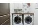 Convenient laundry room with front loading washer and dryer, with folding table and cabinet space at 4 Candler Grove Dr, Decatur, GA 30030