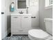 Bathroom features modern vanity with gray drawers, mosaic tile flooring, and a white toilet at 2647 Wood Hollow Dr, Dunwoody, GA 30360