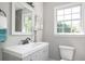 Bathroom features light gray vanity with chrome fixtures and a large window for natural light at 2647 Wood Hollow Dr, Dunwoody, GA 30360