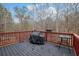 Cozy wood deck area with red railings, grill, and a small table, perfect for outdoor entertaining at 1514 Log Cabin Ln, Lawrenceville, GA 30045