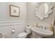 Well-lit powder room with a decorative mirror and neutral color scheme at 1205 New Haven Ct, Roswell, GA 30075