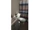 Bathroom featuring a toilet, sink, and vibrant striped shower curtain at 4778 Pebble Trce, Buford, GA 30518