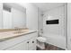 Bathroom featuring white subway tile shower, bathtub combo, vanity and modern fixtures at 8026 Rivermont Ct, Snellville, GA 30039