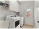 Bright laundry room features white washer and dryer, cabinets and large utility sink at 118 Fairway Overlook Dr, Acworth, GA 30101