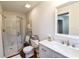 Bathroom with shower, ladder to hang towels, and a decorative vanity with marble countertop at 3601 Orchard Cir, Decatur, GA 30032