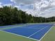 Beautiful outdoor blue tennis court surrounded by green trees against a blue and cloudy sky at 656 Kimberwick Dr, Locust Grove, GA 30248