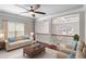 Bright living room with a ceiling fan, a plush sofa, and white trim at 4525 Hopewell Manor Dr, Cumming, GA 30028