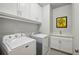 Well-lit laundry room features a sink, washer, dryer, and ample storage space in the white cabinets above at 765 Hembree Rd, Alpharetta, GA 30076