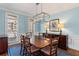 Traditional dining room with hardwood floors, blue accent walls, and modern light fixture at 406 Greyfield Dr, Canton, GA 30115