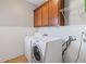 Functional laundry area with washer, dryer, upper cabinets, and wainscoting for an organized space at 406 Greyfield Dr, Canton, GA 30115