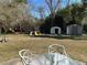 Large backyard with lush greenery, storage sheds, trampoline and patio seating at 2408 Three Bars Dr, Snellville, GA 30078