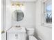 Bathroom with a vanity, updated lighting, and a modern sink with a view of the backyard at 1771 Mount Vernon Rd, Atlanta, GA 30338