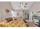 Bright main bedroom features a vaulted ceiling, floral bedding, and television at 918 Bridge Mill Ave, Canton, GA 30114